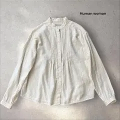 ヒューマンウーマン ピンタック ストライプ ノーカラー ブラウス Mサイズ