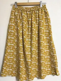 ●北欧柄●ハンドメイド 木の実柄 マスタード●フレアースカート●フリーサイズ●