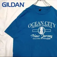 ギルダン　ビッグサイズ　プリント　Tシャツ　半袖　青