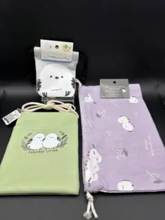ポシェットシマエナガのイラスト 灰色 巾着　紫色巾着
