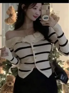 SHEIN DAZY ストライプ柄フィットクロップカーディガン オフショルダー