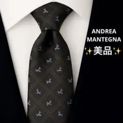 美品ANDREA MANTEGNA ネクタイ 犬柄 ブラック×ゴールド シルク