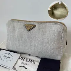 【未使用級】プラダ ポーチ デニム キャンバス 三角ロゴ 白 1NA693