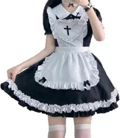 コスプレ メイド服 衣装 半袖 黒 仮装 ブレスレット ネック2種付き【L】