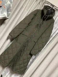 モンクレールロングダウンコートベルト付きカーキスタンドカラーAラインフレアー