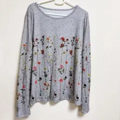 花柄 グレー 長袖 カットソー XL トップス ポリエステル ロンT