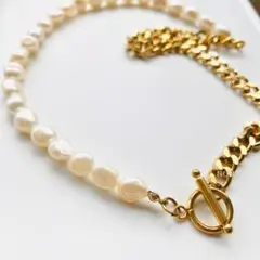 ステンレスネックレス マンテル 淡水パール バロック ェーン ゴールド N04