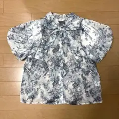 ボウタイブラウス 花柄 半袖 バルーンスリーブ 透け素材