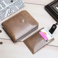 ●新品●多機能財布 二つ折り PUレザー 大容量＜ライトブラウン＞軽量 小銭入れ
