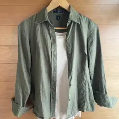 リネン100% 麻　シャツ　カーキ　オリーブグリーン　小さめ