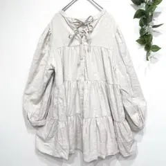 レトロガール　ブラウス　ティアード　オーバーサイズ　長袖　レーヨン混　ナチュラル