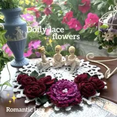 ドイリー1276❤️ぷっくり真紅ツル薔薇と大輪八重咲きハイビスカスのドイリー ✨