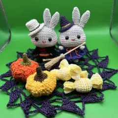 編みぐるみ ハロウィンセット（A） うさぎ魔女とドラキュラ、ドイリー付き