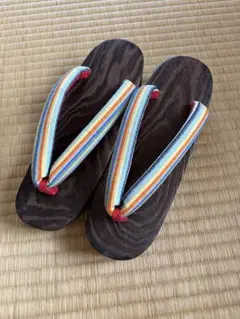 【新品未使用】ストライプ鼻緒の木製下駄