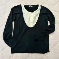 【repit】長袖コットンニット異素材切り替え可愛いトップス黒色M相当