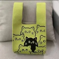 SALE　手提げ　グリーン　ニット　猫　バック　 エコバッグ