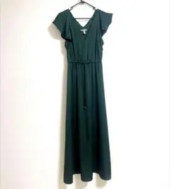H&M ダークグリーン Vネック ロングワンピース