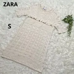 ZARA ザラ　フリル付き半袖ニットワンピース　クリーム色　Sサイズ（USA）