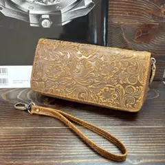 A21 本革　牛革　カービング　財布　メンズ　ダブルファスナー　オールラウド　茶