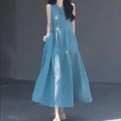 ワンピース キャミワンピ ノースリーブ ロングワンピース　Ｍ　ブルー