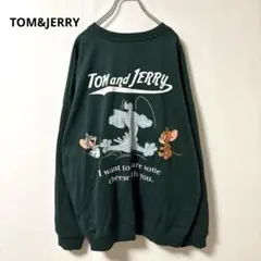 トムアンドジェリー【Ｌ】長袖トレーナー バックプリント 刺繍 深緑 ユニセックス