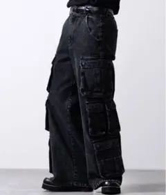 新品 clel 3Dメニーポケット デニムカーゴパンツ ブラック系 Sサイズ