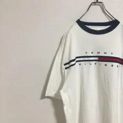 【美品】トミーヒルフィガー　ロゴ刺繍　クルーネックTシャツ　紺白　M