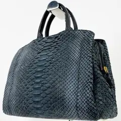 良品★リアル ヘビ革 パイソン ダークブルー イタリア製 ハンドバッグ