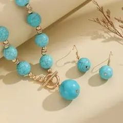 【限定品】ネックレス　ピアス　セット　ターコイズブルー　ゴールド　ボヘミアン
