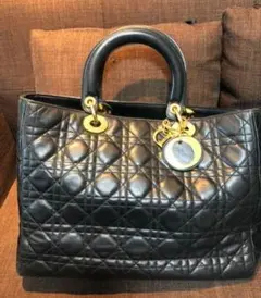 【美品】レディ・ディオール・カナージュ・ラムスキン・ラージ・ハンドバッグ・黒