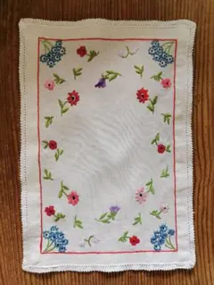 アンティークフランス 色糸小花手刺繍 リネンクロス トーションレース装飾ランナー