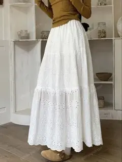 【美品】レース刺繍ロングスカート／ホワイト XSサイズ