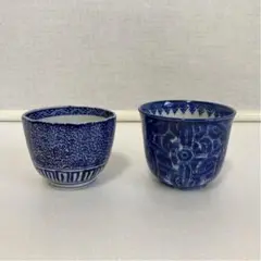 伊万里 蕎麦猪口 2客 微塵唐草 ベロ藍 陶器 骨董品
