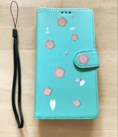 ☘️ AQUOS wish3スマホケース 手帳型　桜　花びら　ターコイズブルー