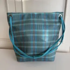 THE MARKET トートバッグ 夏 レトロ ターコイズブルー チェック マチ