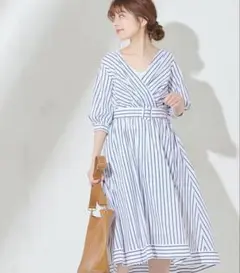 ストライプ Vネック Aラインワンピース
