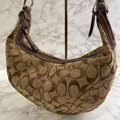 COACH コーチ シグネチャー ジャガード×本革 レザー ハンドバッグ