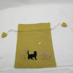 ベトナム刺繍　猫と花の刺繍 巾着袋 オリーブグリーン　未使用品