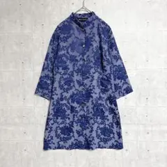 【GRAY MAGIC】シアーロングシャツ (M) チュニック バンドカラー 青