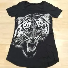 トラの顔プリント ブラック Tシャツ S