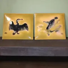 加藤栄三　七宝焼　鵜飼　陶板画　2枚組