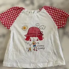 赤いチェック袖のTシャツ 90cm