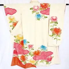 2m1397 振袖 正絹 ベージュ 赤 黄色 青 緑 金色 花柄 和装 成人式