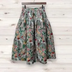 D0265 ヴィンテージ ひざ丈 フレアスカート 緑 総柄 柄もの