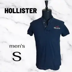 【HOLLISTER】ロゴ刺繍ポロシャツ　ノーカラー　しっかり生地　ネイビー　S