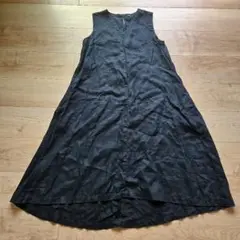 ☆無印良品☆ブラックVネック洗いざらしリネンロングワンピース☆美品S☆