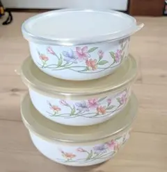 富士ホーロー　食品保存容器 3個セット 花柄　蓋付き　レトロ