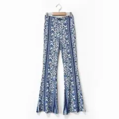 美品 フレアパンツ H&M エイチアンドエム【XS】花柄 ブルー ホワイト