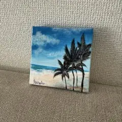 爽やかな海　自作のアクリル画　10センチ×10センチ×1.3センチ