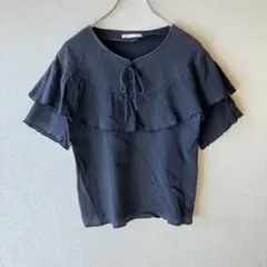 ehka sopo エヘカソポ　半袖ブラウス　シワ加工ケープカラーブラウス 黒